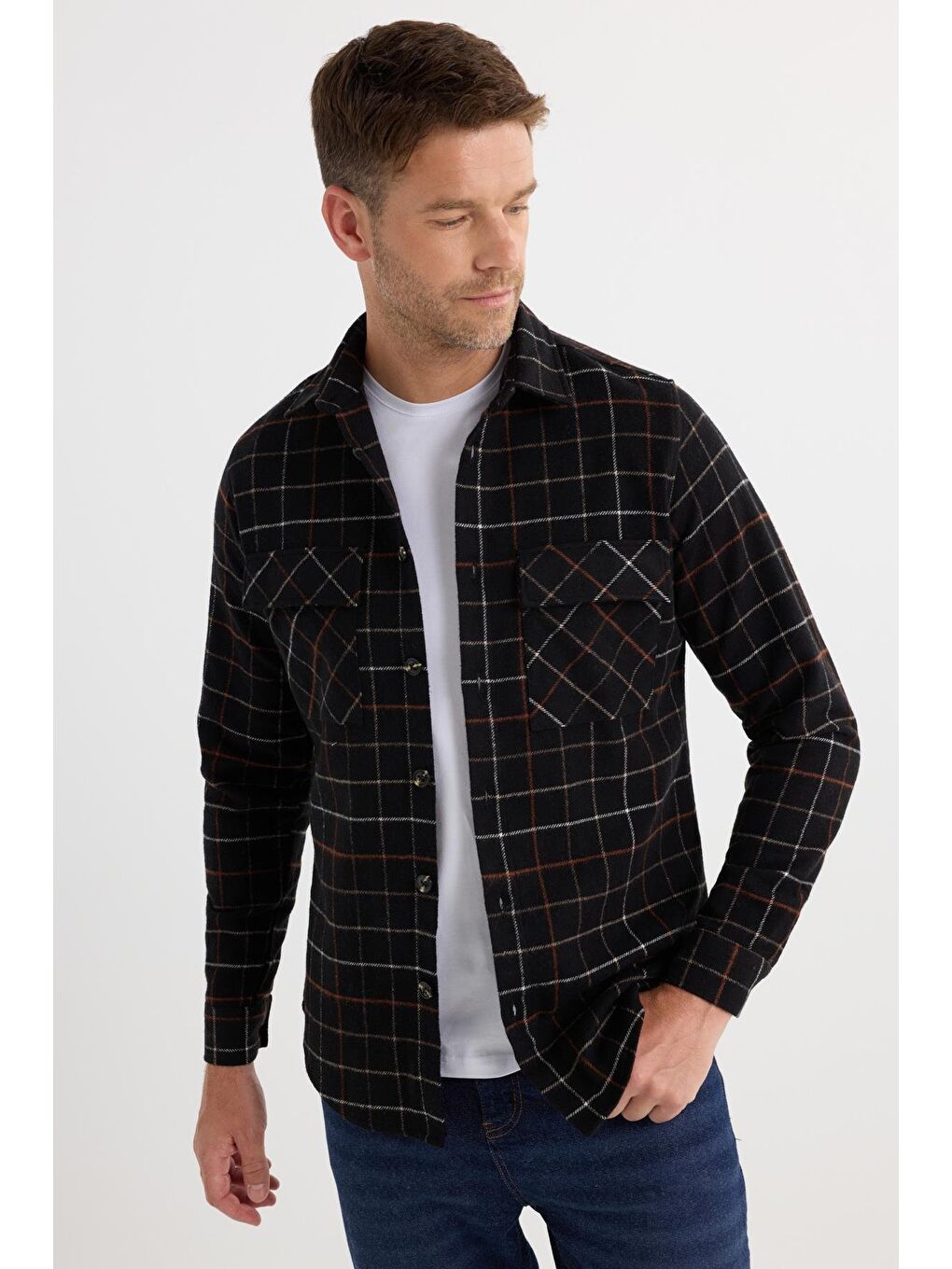 Karışık Erkek Slim Fit Dar Kesim Spor Yaka Çift Cep Kapaklı Kareli Gömlek-4