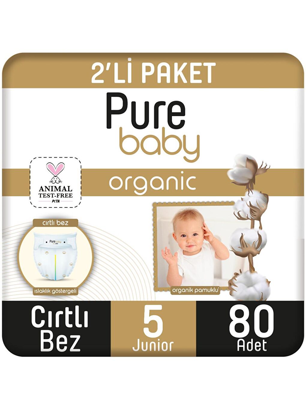 Pure Baby Renksiz Organik Pamuklu Cırtlı Bez 2'li Paket 5 Numara Junior 80 Adet