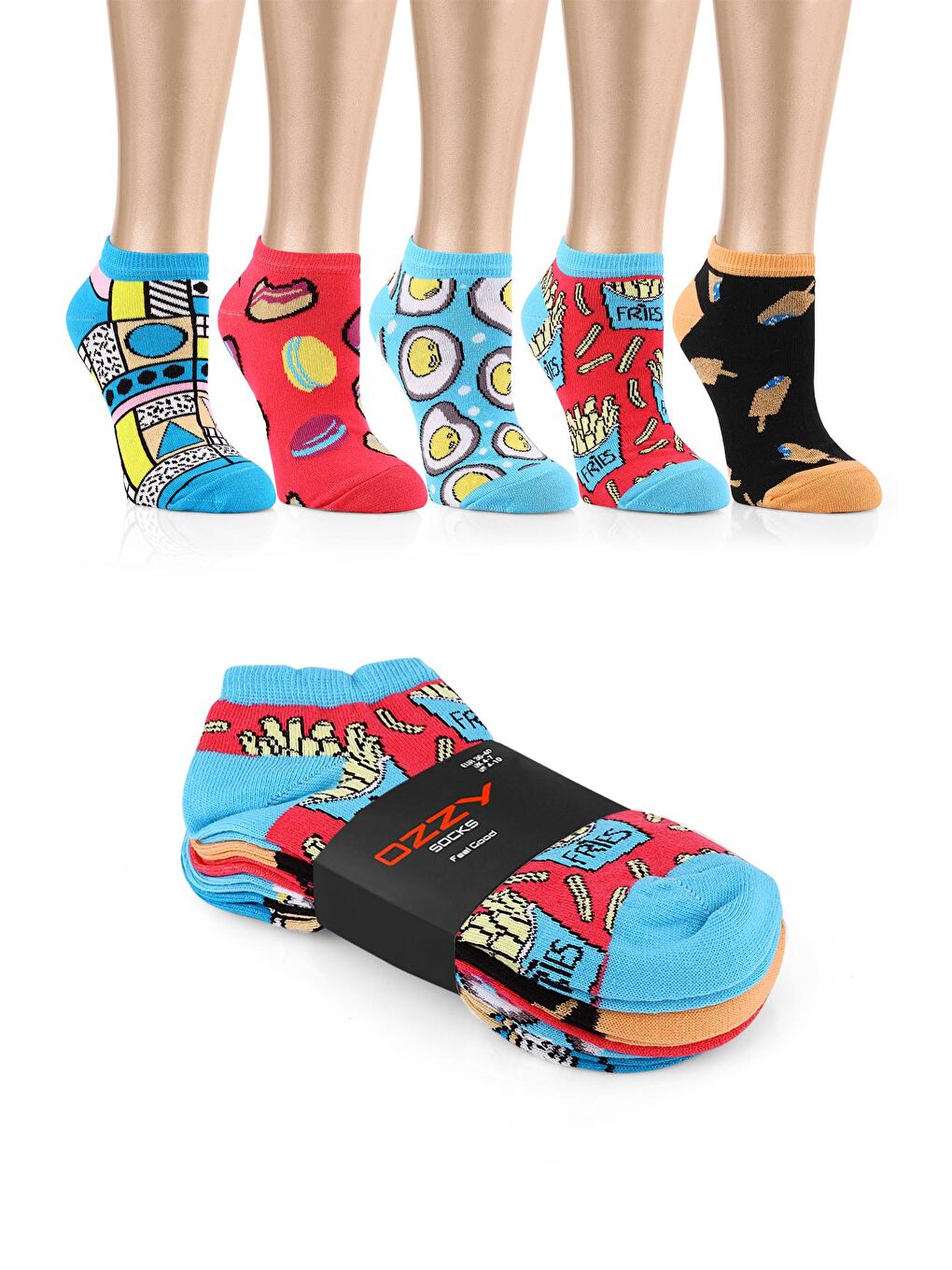 OZZY SOCKS Karışık Asorti 5 Çift Eğlenceli Desenler Kadın Patik Çorap OZZYP002