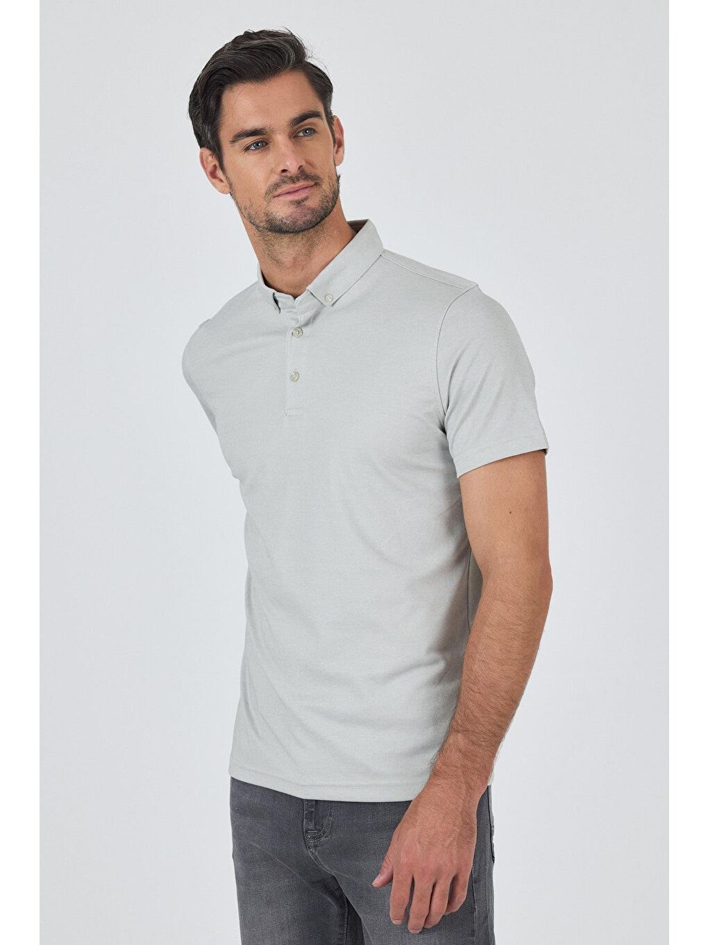 Gri Kısa Kol Düz Suprem Polo Yaka Cepsiz Pamuklu Casual Slim Fit Büyük Beden Tişört 1011250160_601