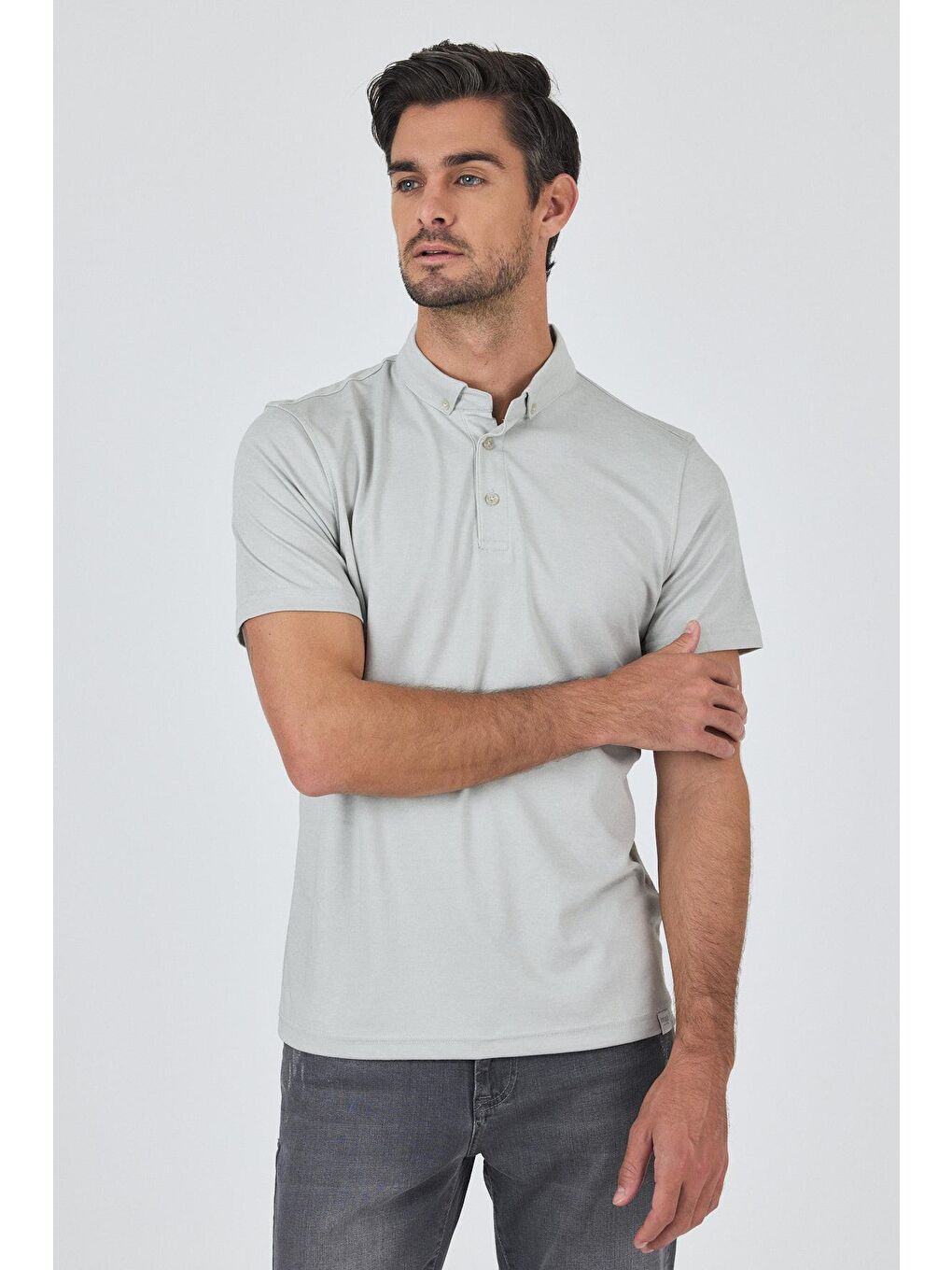 Gri Kısa Kol Düz Suprem Polo Yaka Cepsiz Pamuklu Casual Slim Fit Büyük Beden Tişört 1011250160_601-1