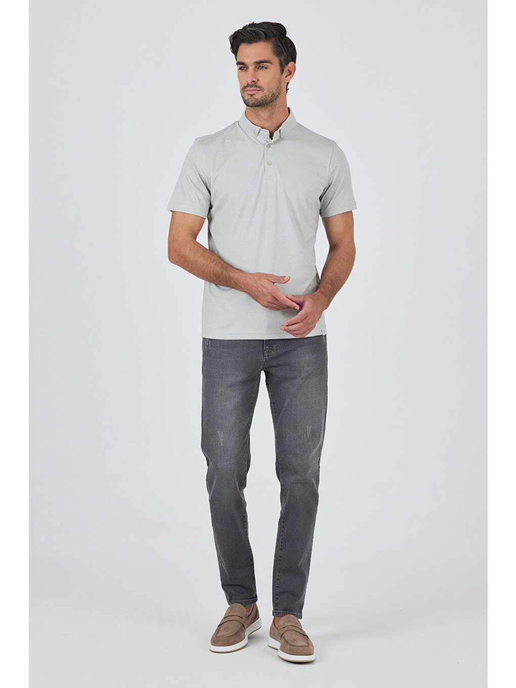 Gri Kısa Kol Düz Suprem Polo Yaka Cepsiz Pamuklu Casual Slim Fit Büyük Beden Tişört 1011250160_601-2