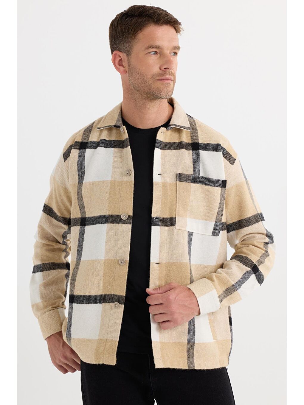 Karışık Erkek Relax Fit Rahat Kesim Spor Yaka Kareli Flotalı Cep Kışlık Gömlek-3