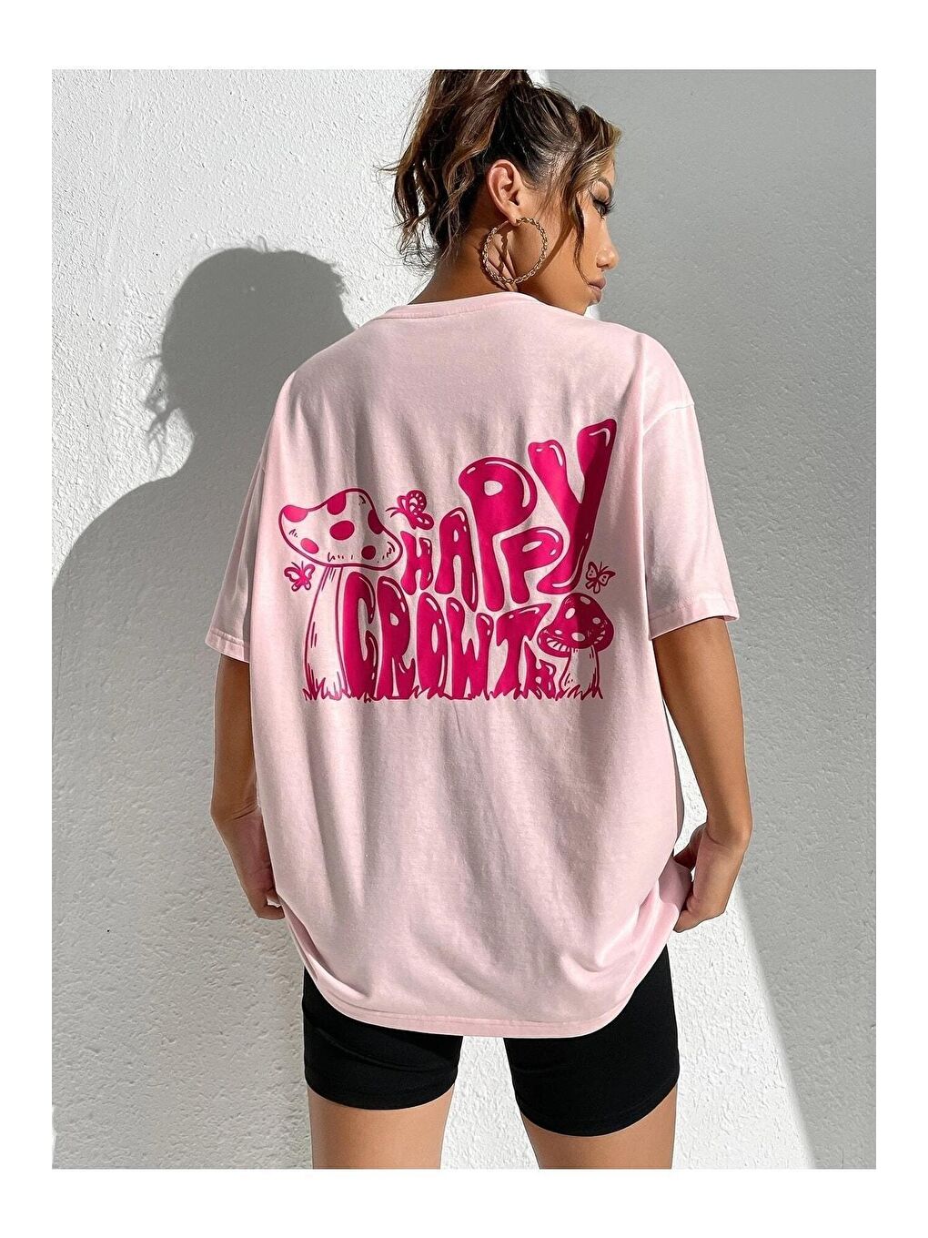 Trendseninle Açık Pembe Kadın Pudra Pembe Happy Crowt Baskılı Oversize Tişört