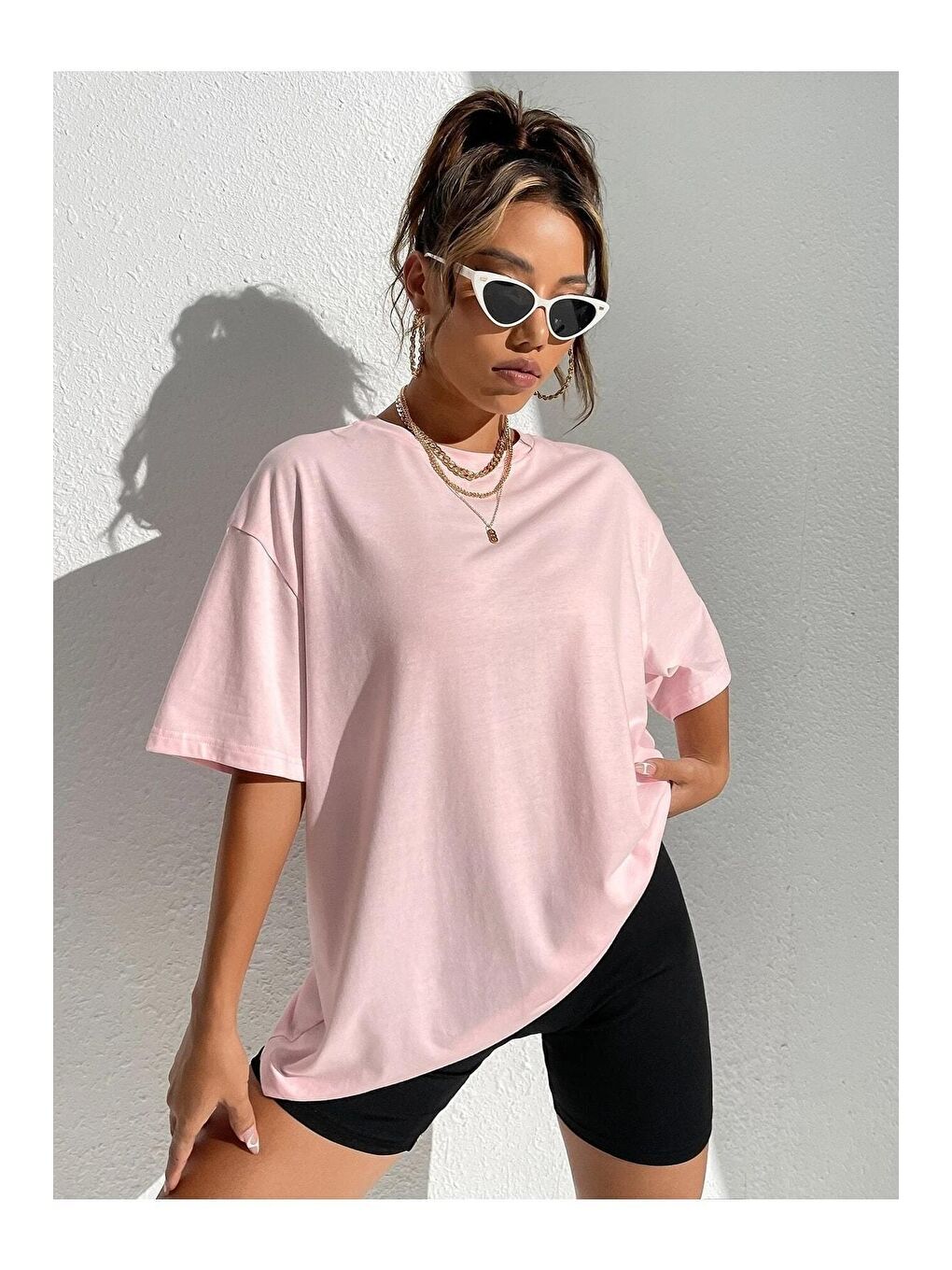 Trendseninle Açık Pembe Kadın Pudra Pembe Happy Crowt Baskılı Oversize Tişört - 1