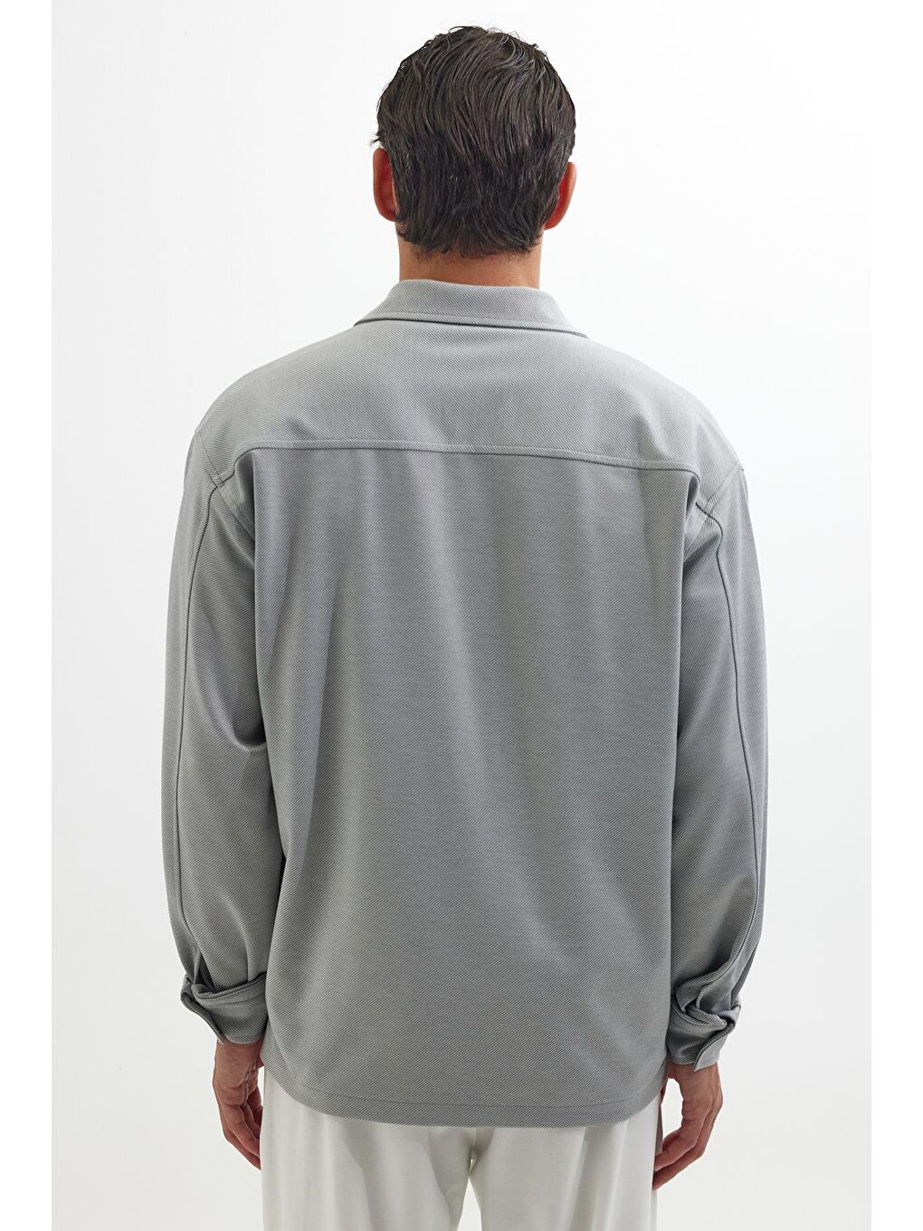 Erkek Relax Fit Rahat Kesim Uzun Kollu Düz Örme Kumaş Yandan Yırtmaçlı Gri Gömlek-6