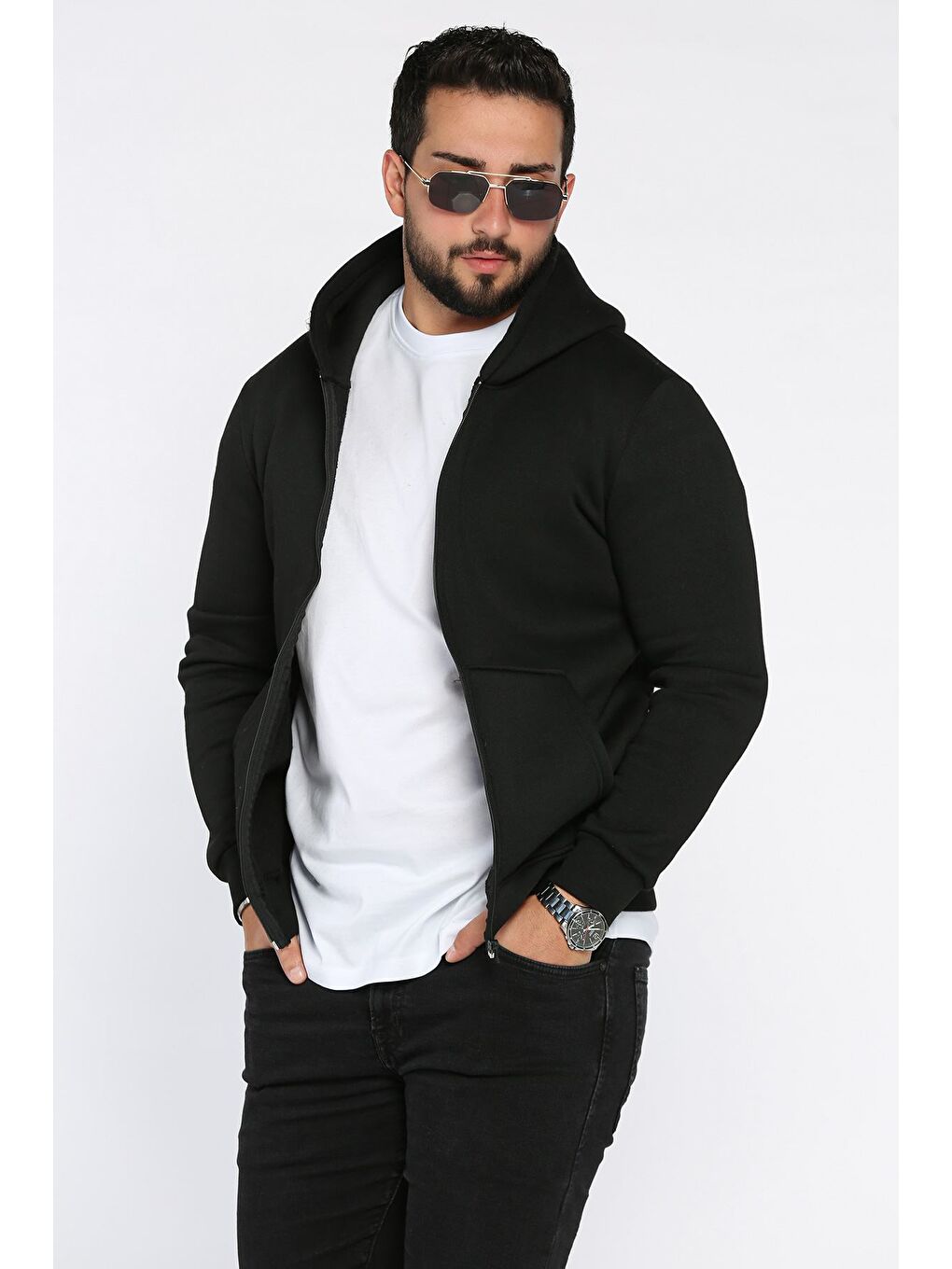 Siyah Erkek Ön Fermuarlı Üç İplik Şardonlu Kapüşonlu Sweatshirt