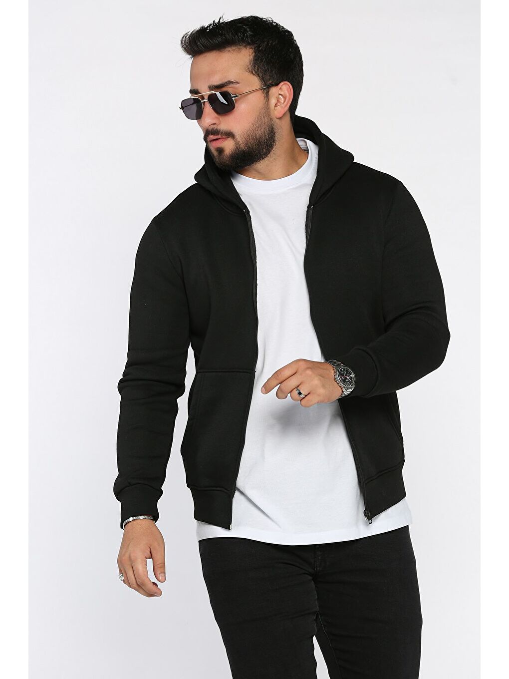 Siyah Erkek Ön Fermuarlı Üç İplik Şardonlu Kapüşonlu Sweatshirt-1
