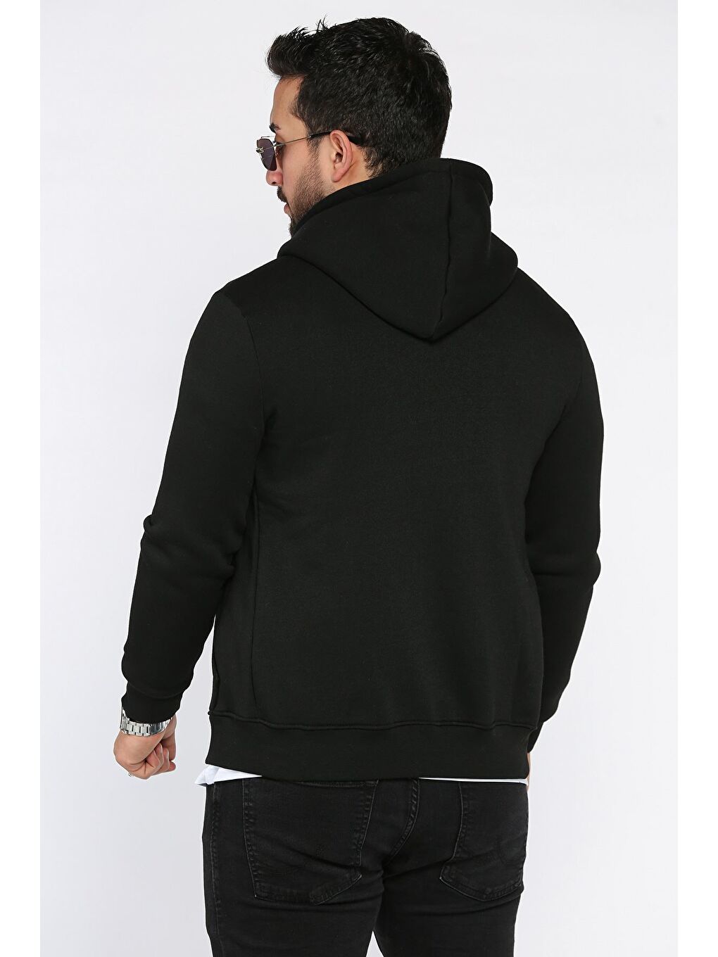 Siyah Erkek Ön Fermuarlı Üç İplik Şardonlu Kapüşonlu Sweatshirt-2