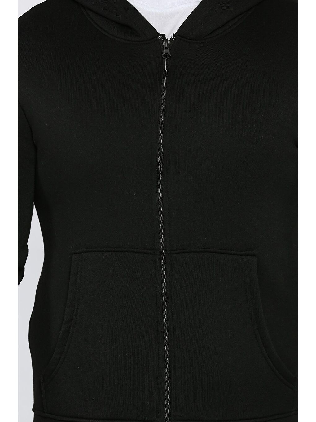 Siyah Erkek Ön Fermuarlı Üç İplik Şardonlu Kapüşonlu Sweatshirt-3