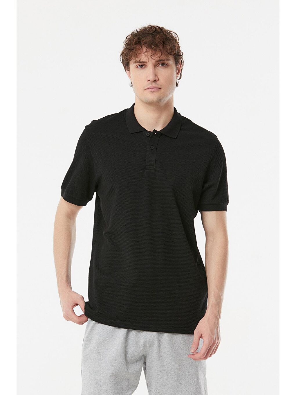 Siyah Waffle Kumaş Polo Yaka Tişört