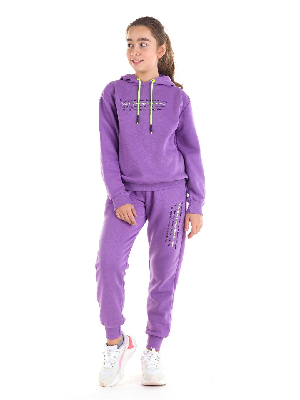 Mor Kız Çocuk Renkli Yazı Baskılı Kapüşonlu Eşofman Takımı 14121