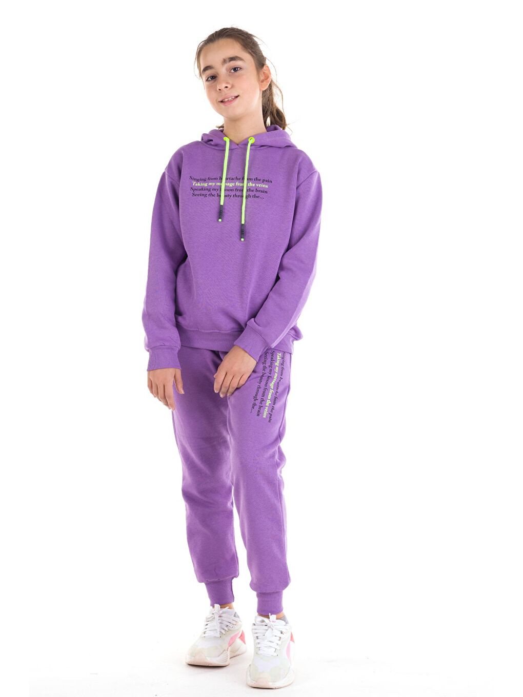Mor Kız Çocuk Renkli Yazı Baskılı Kapüşonlu Eşofman Takımı 14121-1