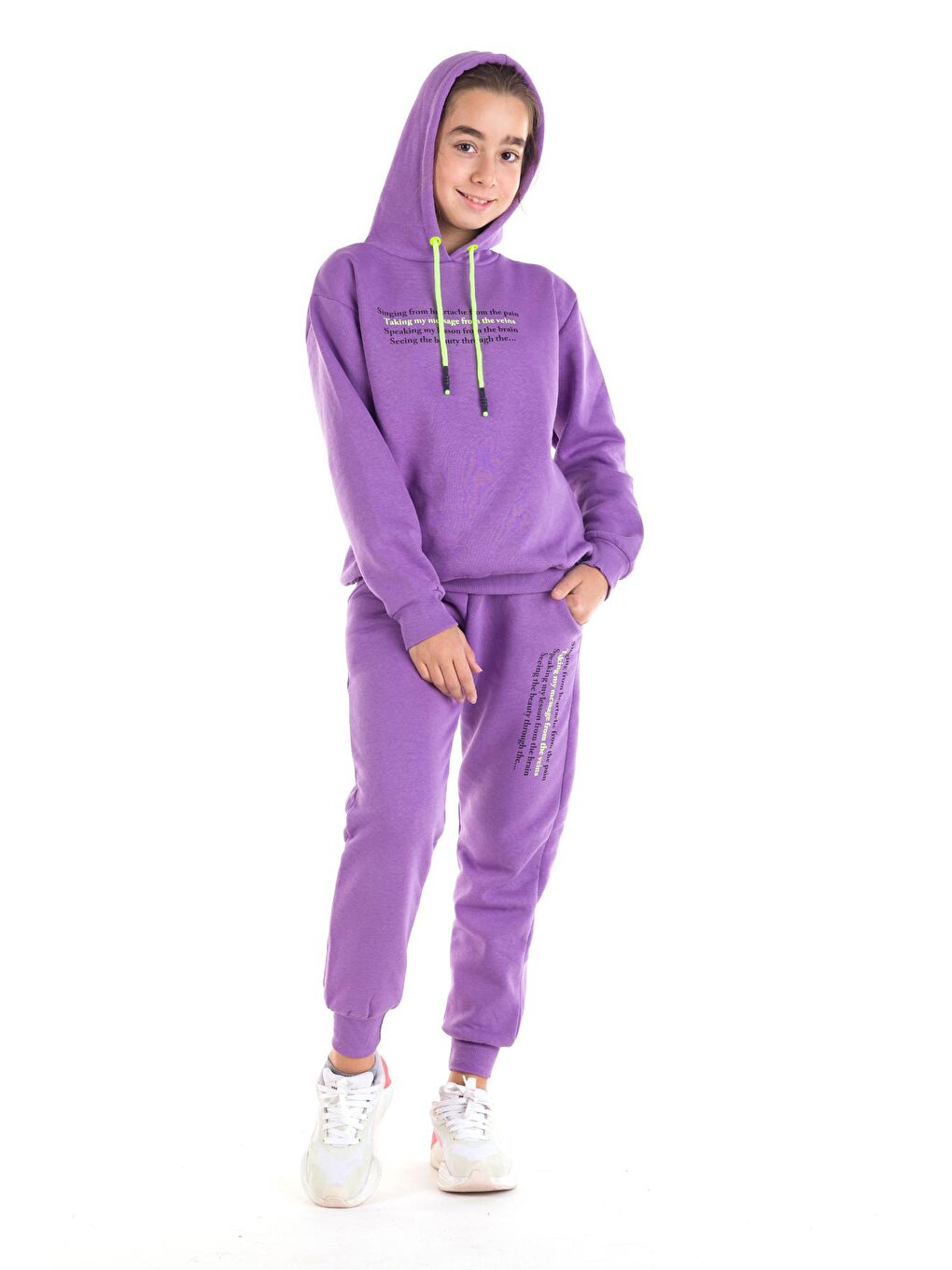 Mor Kız Çocuk Renkli Yazı Baskılı Kapüşonlu Eşofman Takımı 14121-2
