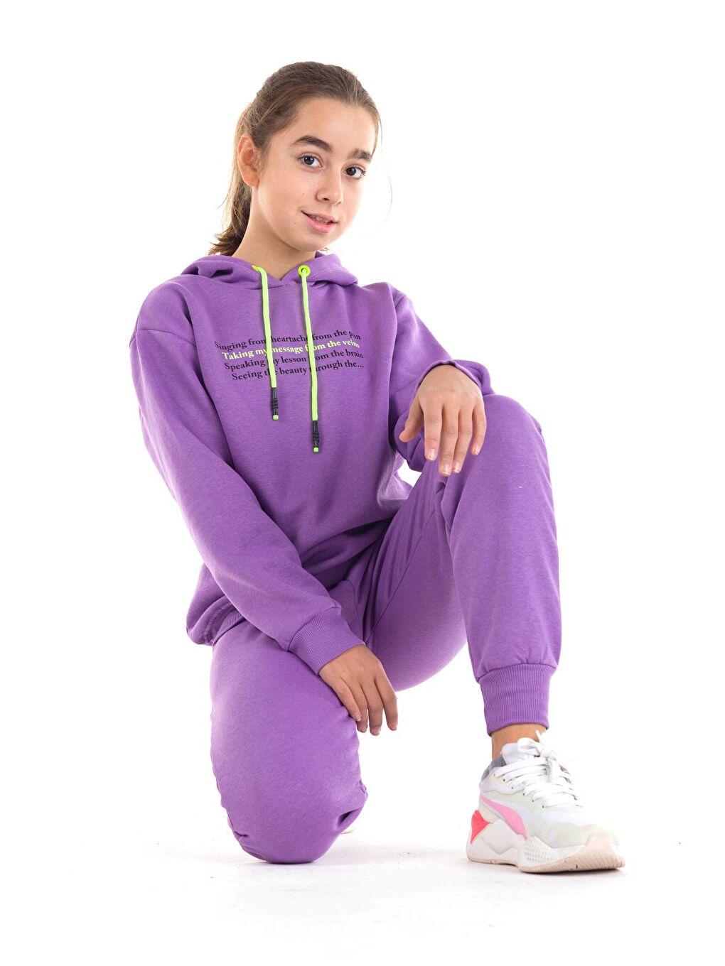 Mor Kız Çocuk Renkli Yazı Baskılı Kapüşonlu Eşofman Takımı 14121-3