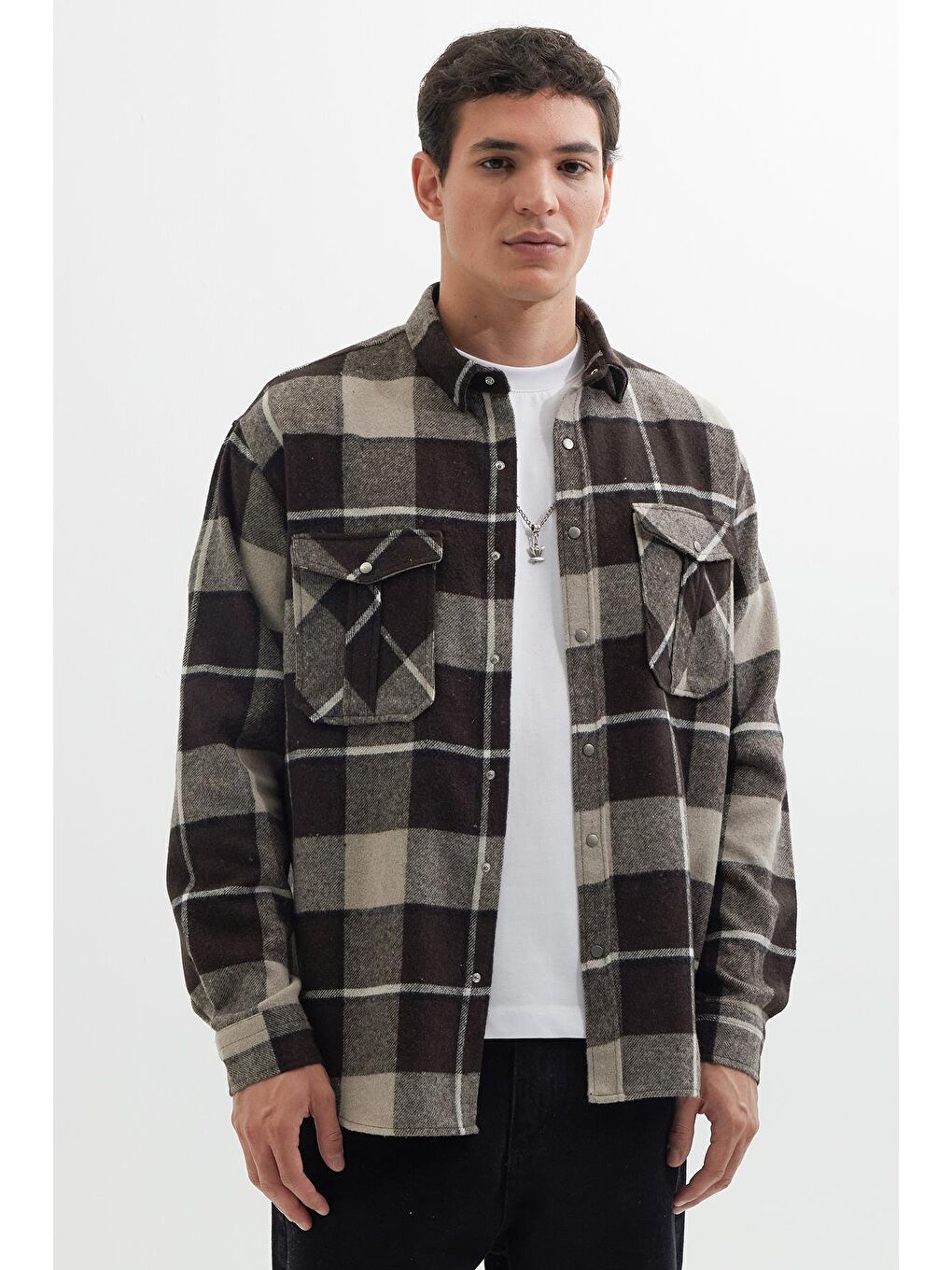 Karışık Erkek Relax Fit Rahat Kesim Oduncu Çift Cep Düğmeli Kareli Kışlık Gömlek-3