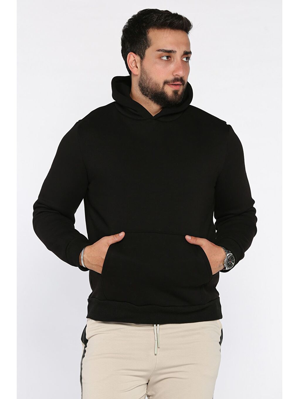 Siyah Erkek Şardonlu Kapüşonlu Kanguru Cepli Sweatshirt