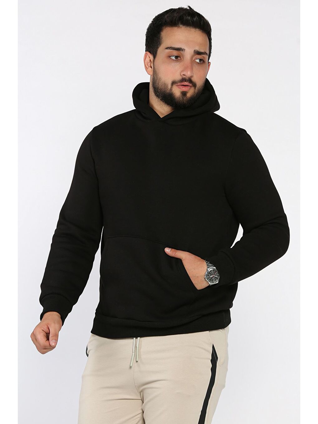 Siyah Erkek Şardonlu Kapüşonlu Kanguru Cepli Sweatshirt-1