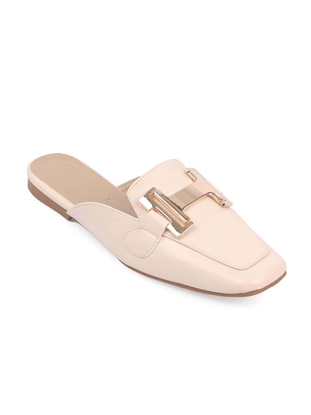 Ekru Küt Burunlu Metal Aksesuarlı Kadın Terlik-3