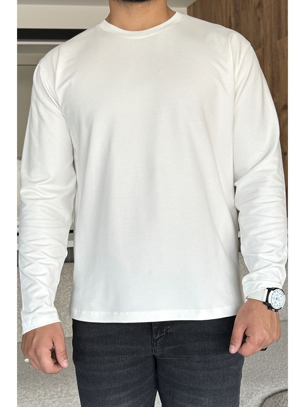 Ekru Erkek Bisiklet Yaka Basic Sweatshirt-2