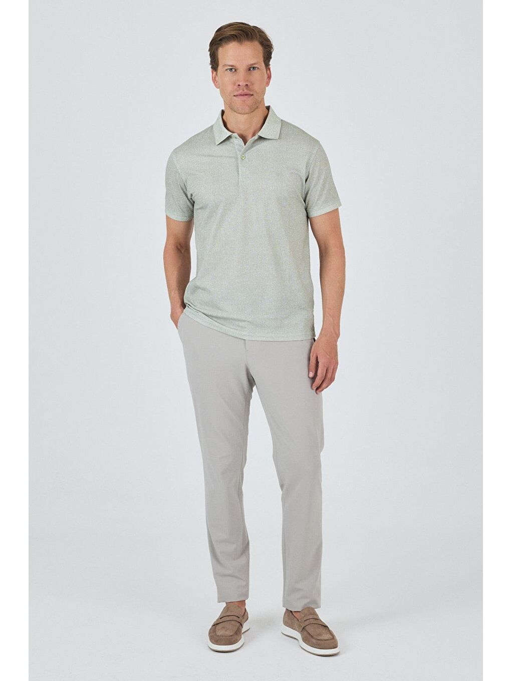 Açık Yeşil Kısa Kol Baskılı Pike Polo Yaka Cepsiz Esnek Casual Slim Fit Tişört 1011250153-1