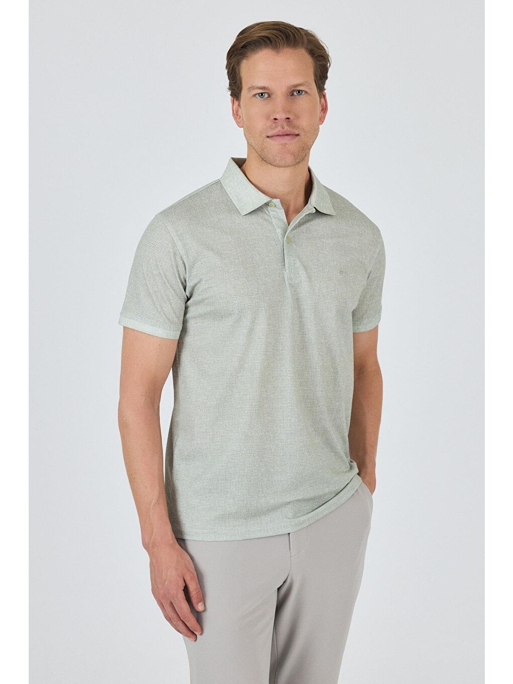 Açık Yeşil Kısa Kol Baskılı Pike Polo Yaka Cepsiz Esnek Casual Slim Fit Tişört 1011250153-2