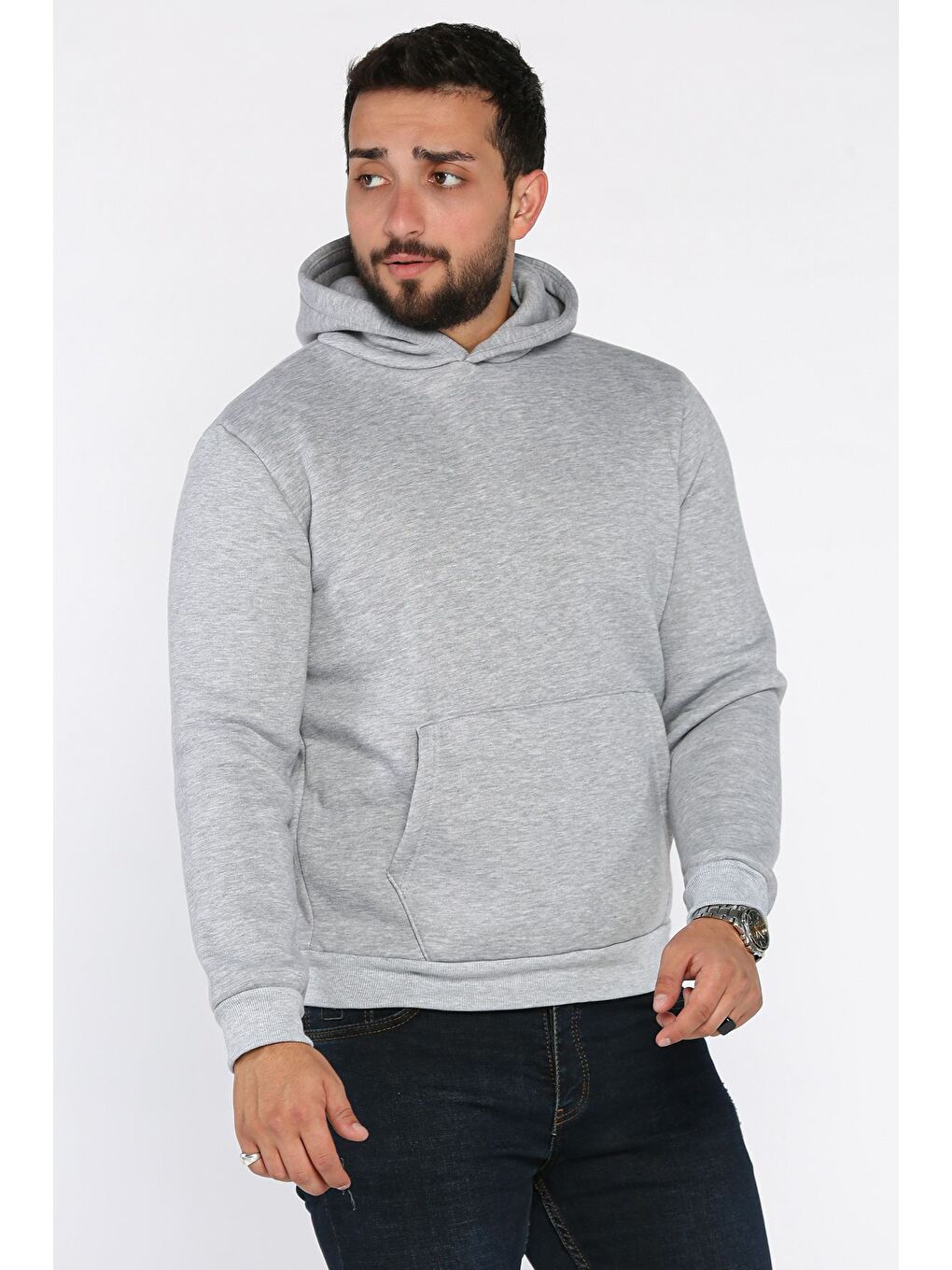 Gri Erkek Şardonlu Kapüşonlu Kanguru Cepli Sweatshirt
