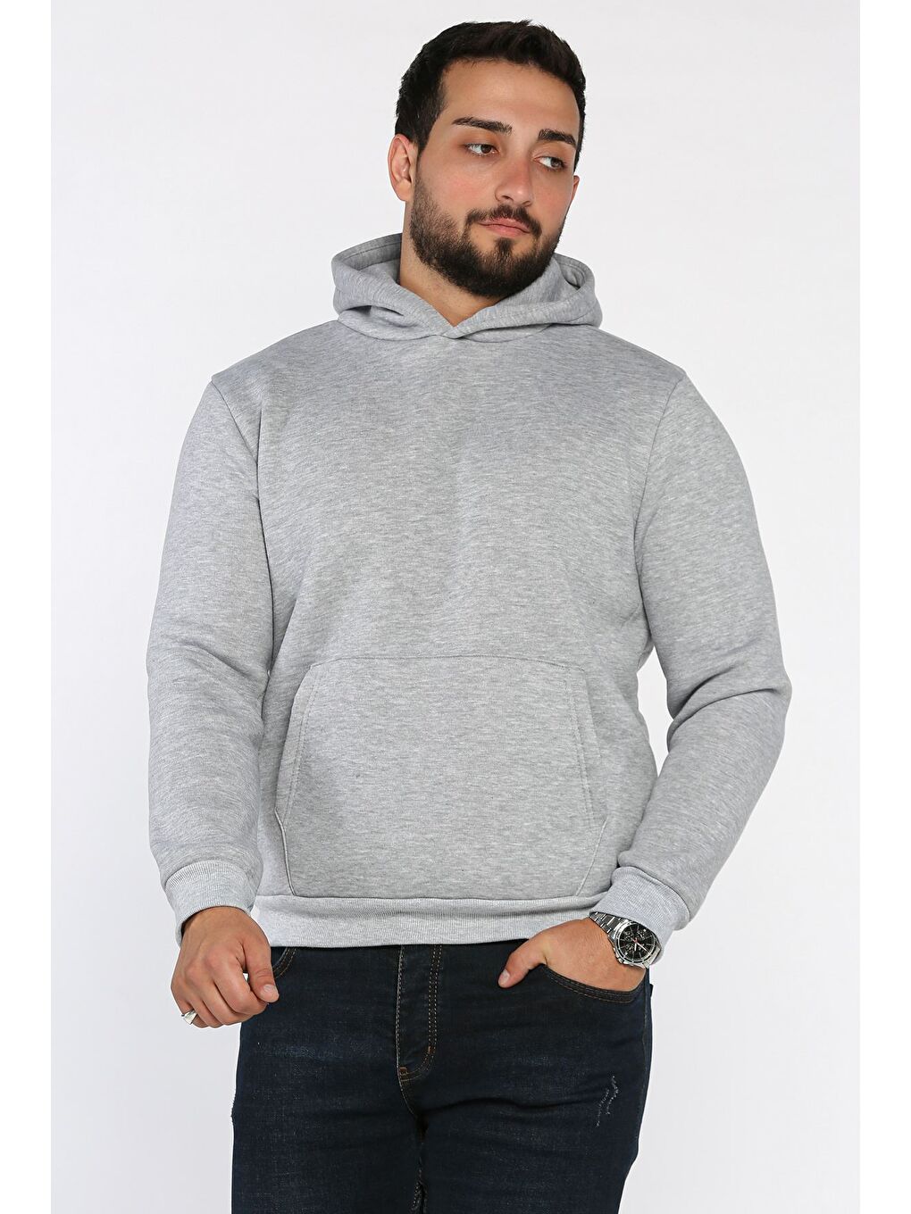 Gri Erkek Şardonlu Kapüşonlu Kanguru Cepli Sweatshirt-1