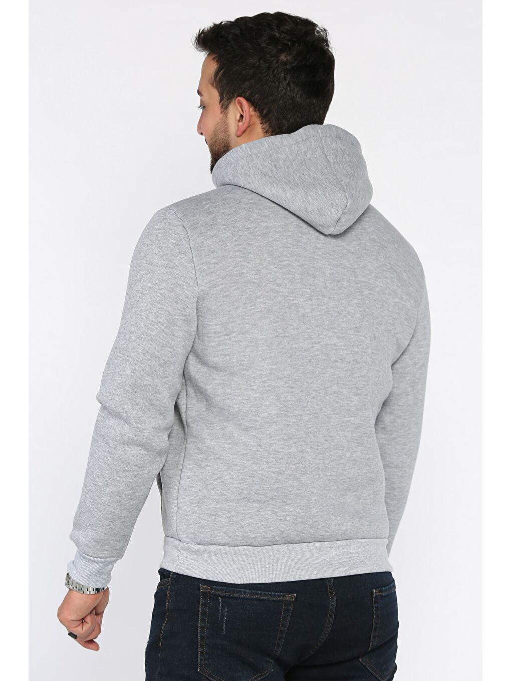 Gri Erkek Şardonlu Kapüşonlu Kanguru Cepli Sweatshirt-2