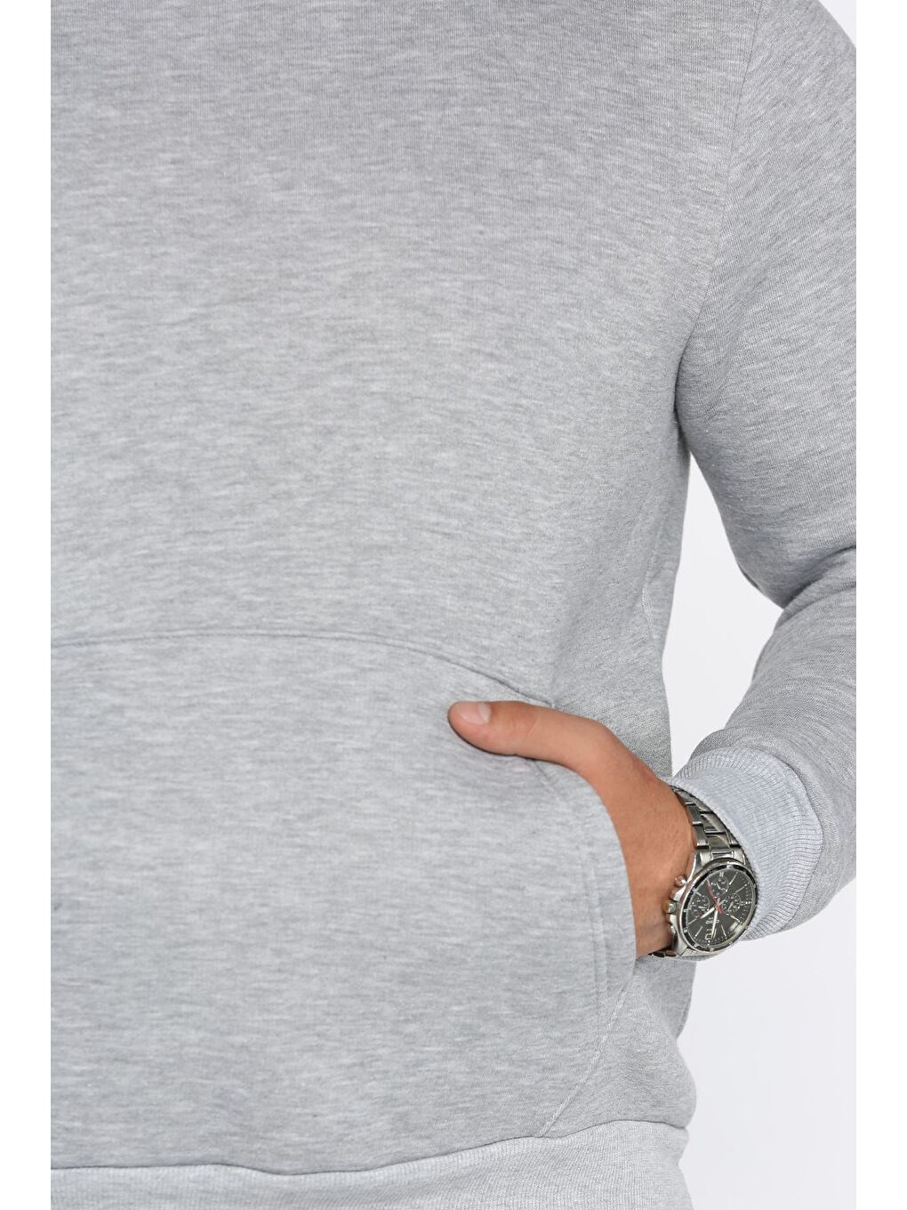 Gri Erkek Şardonlu Kapüşonlu Kanguru Cepli Sweatshirt-3