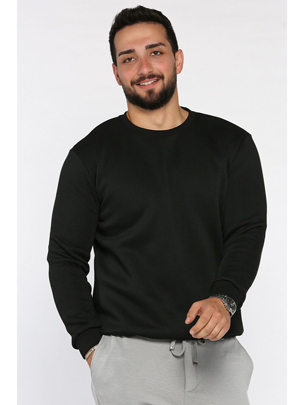 Siyah Erkek Bisiklet Yaka Şardonlu Basic Sweatshirt-1