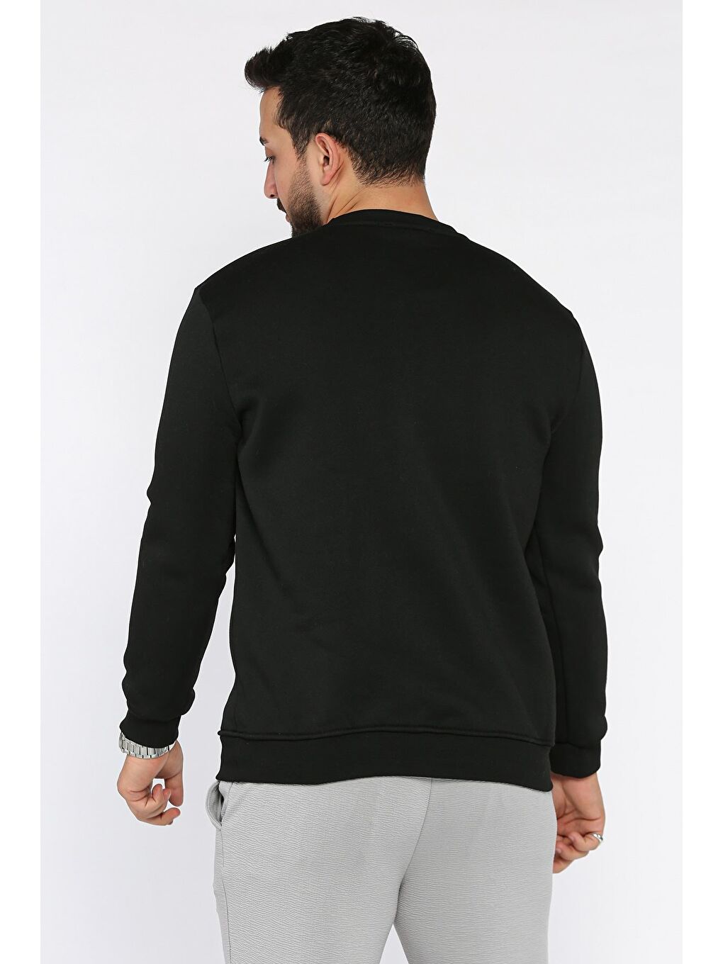 Siyah Erkek Bisiklet Yaka Şardonlu Basic Sweatshirt-2