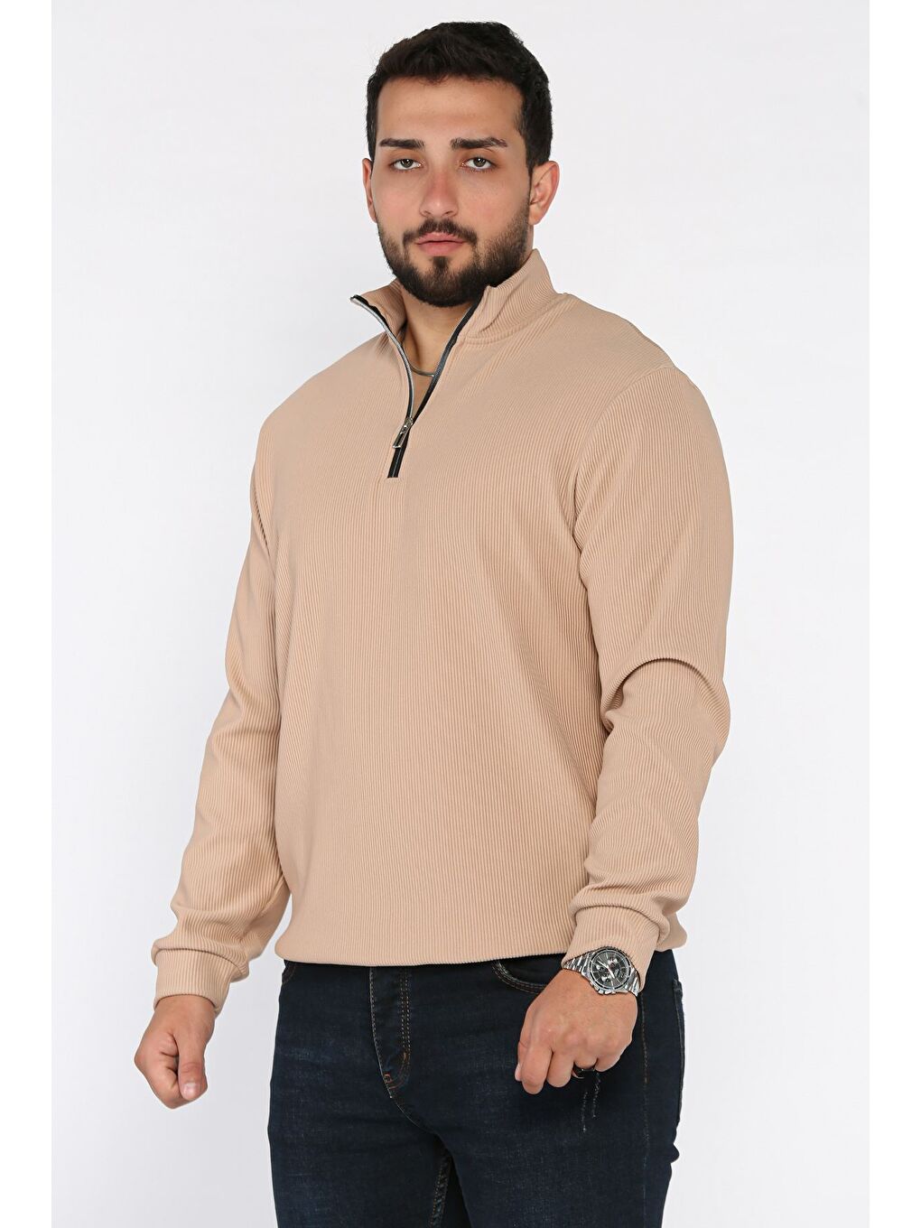 Bej Dik Yaka Jakarlı Yarım Fermuarlı Erkek Sweatshirt