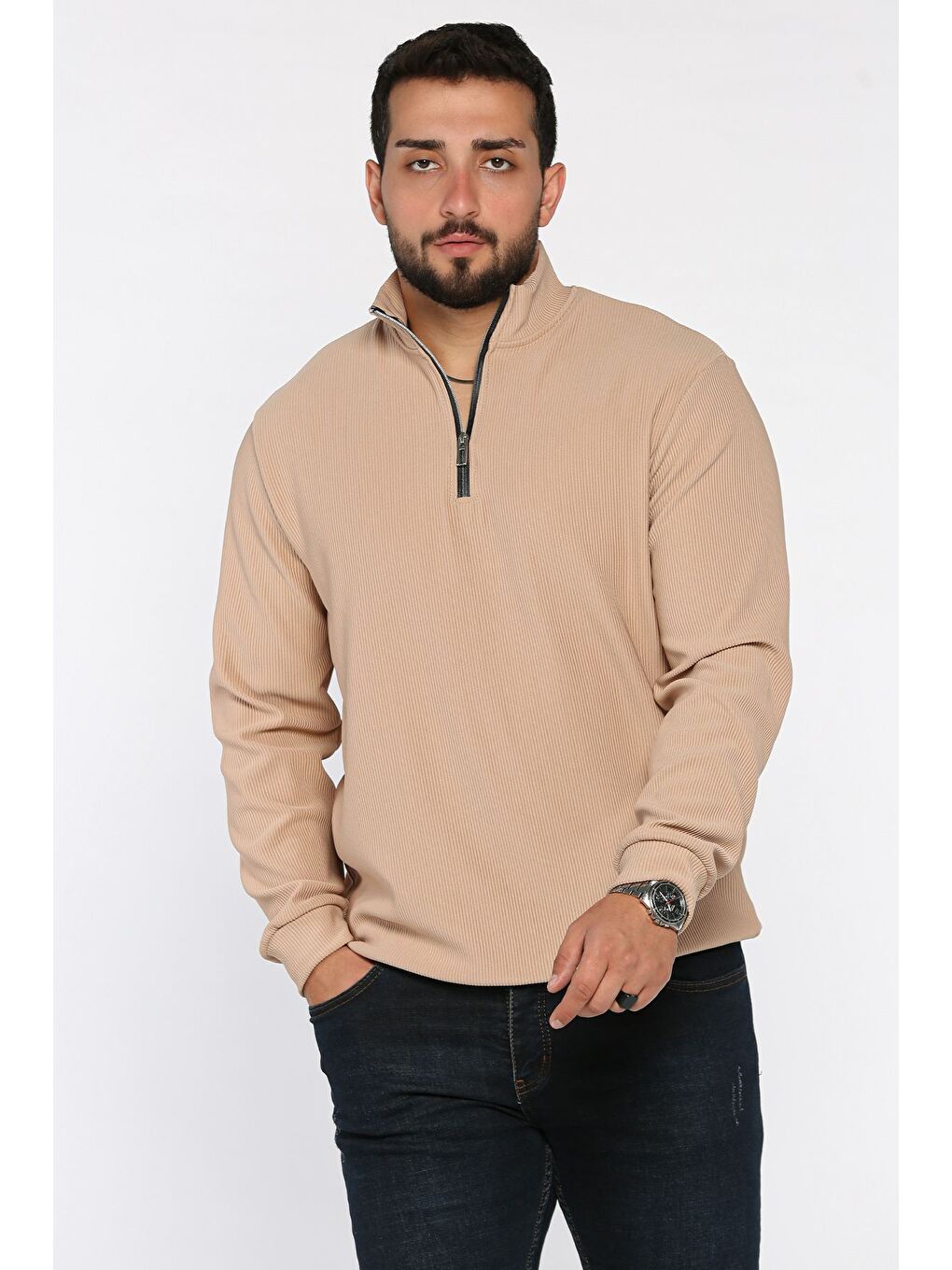 Bej Dik Yaka Jakarlı Yarım Fermuarlı Erkek Sweatshirt-1