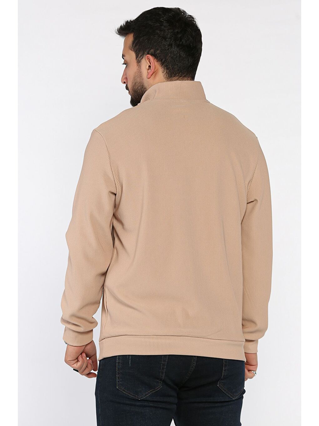 Bej Dik Yaka Jakarlı Yarım Fermuarlı Erkek Sweatshirt-2
