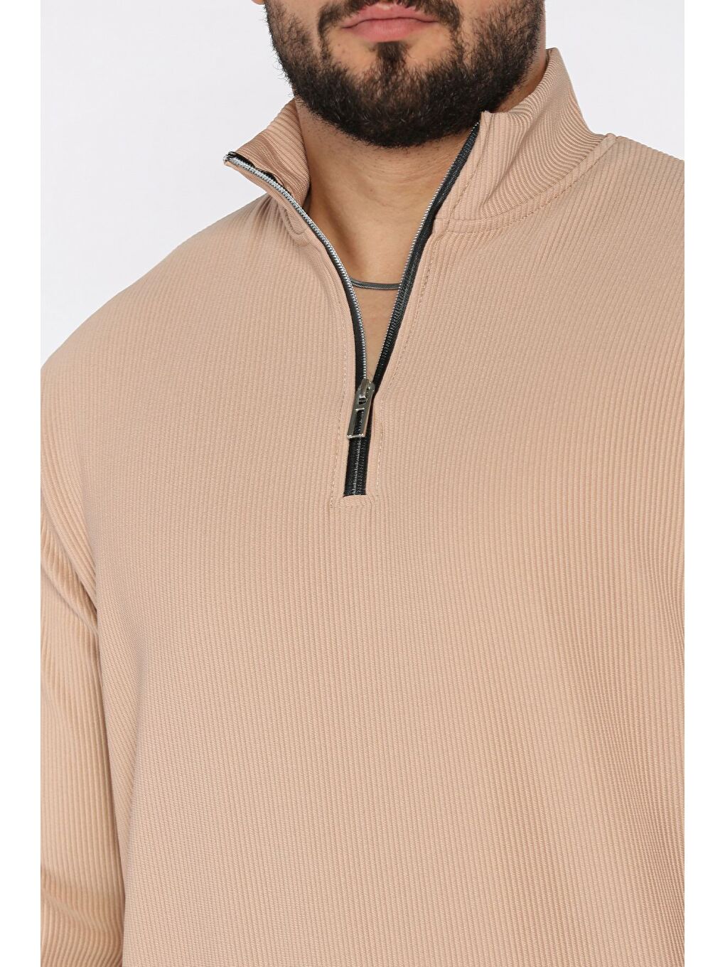 Bej Dik Yaka Jakarlı Yarım Fermuarlı Erkek Sweatshirt-3