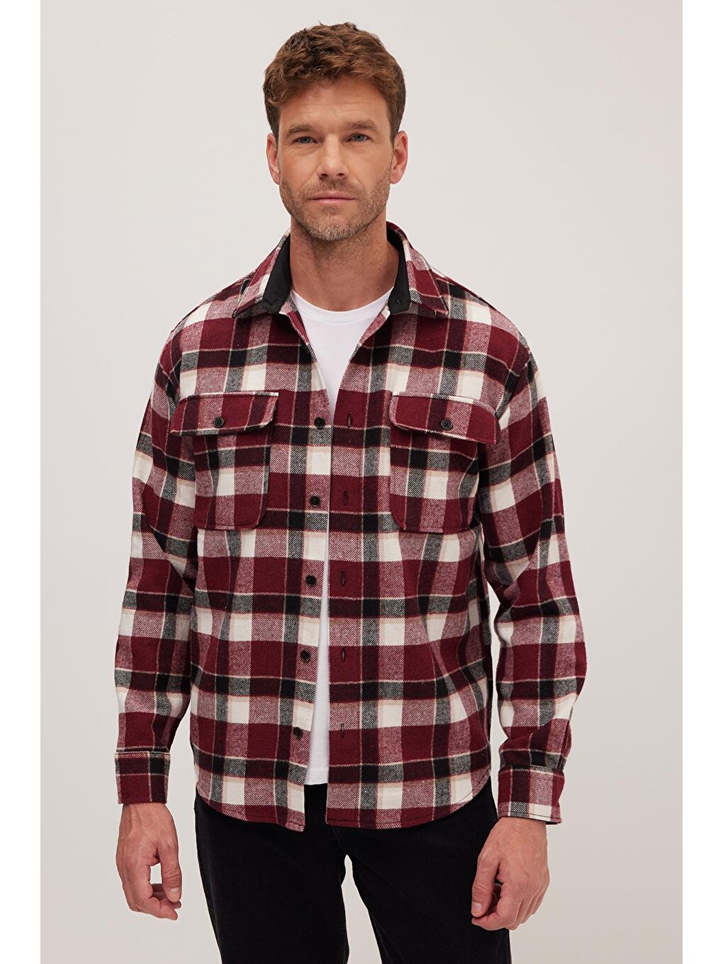 Karışık Relax Fit Rahat Kesim Çift Cep Kapaklı Kışlık Oduncu Kareli Erkek Gömlek-4