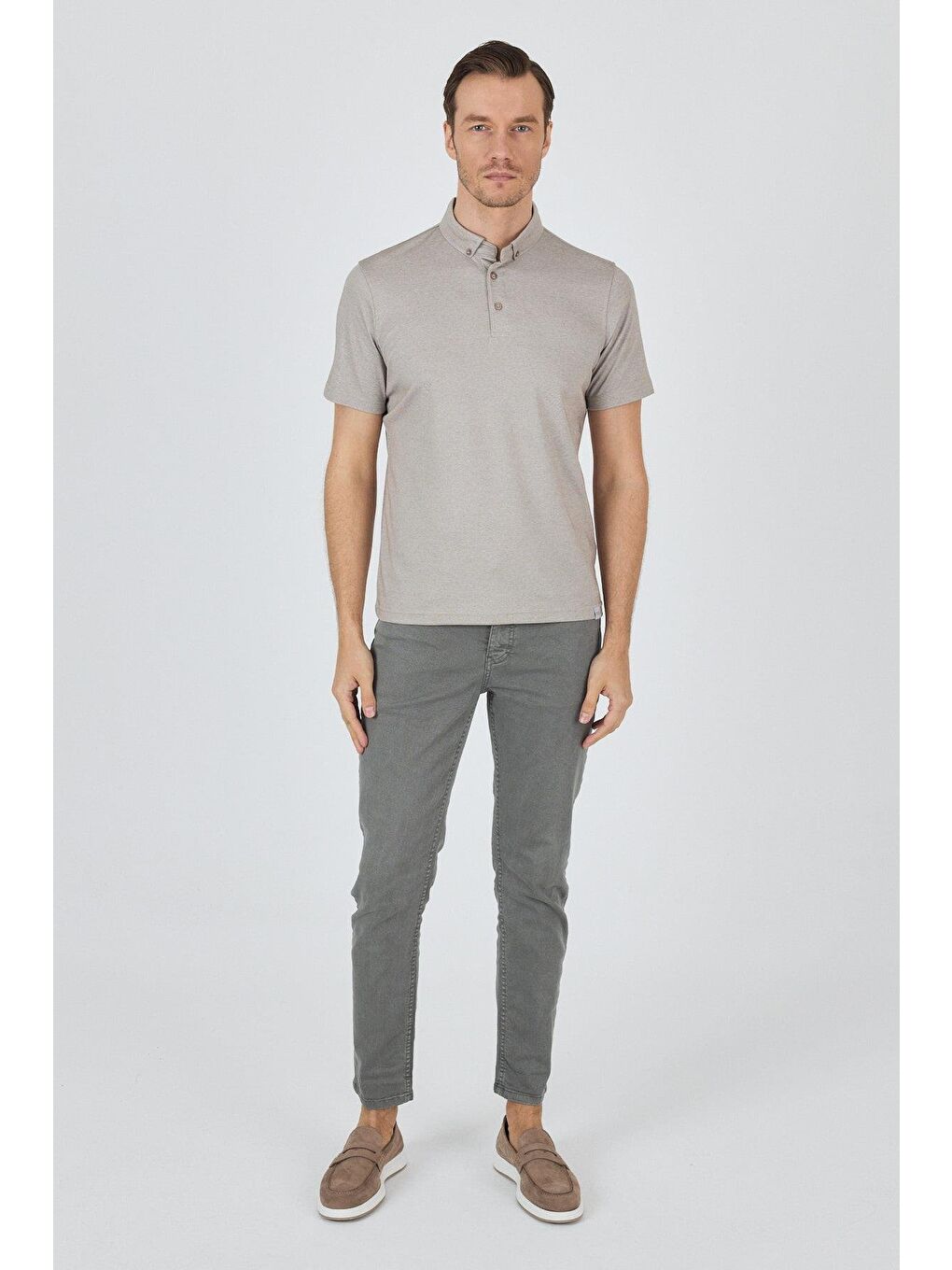 Bej Kısa Kol Düz Suprem Polo Yaka Cepsiz Pamuklu Casual Slim Fit Büyük Beden Tişört 1011250160_605-1