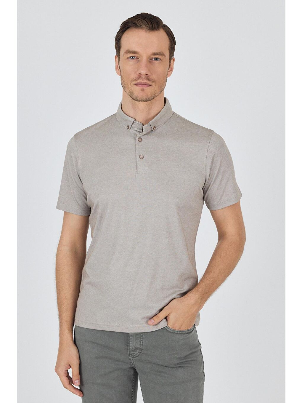 Bej Kısa Kol Düz Suprem Polo Yaka Cepsiz Pamuklu Casual Slim Fit Büyük Beden Tişört 1011250160_605-2