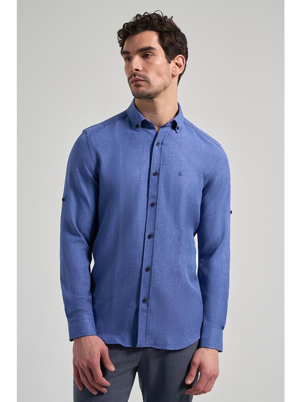 İndigo Mavi Kısalabilir Kol Düz Gabardin Düğmeli Yaka Cepsiz Casual Slim Fit Gömlek 1004250124_320