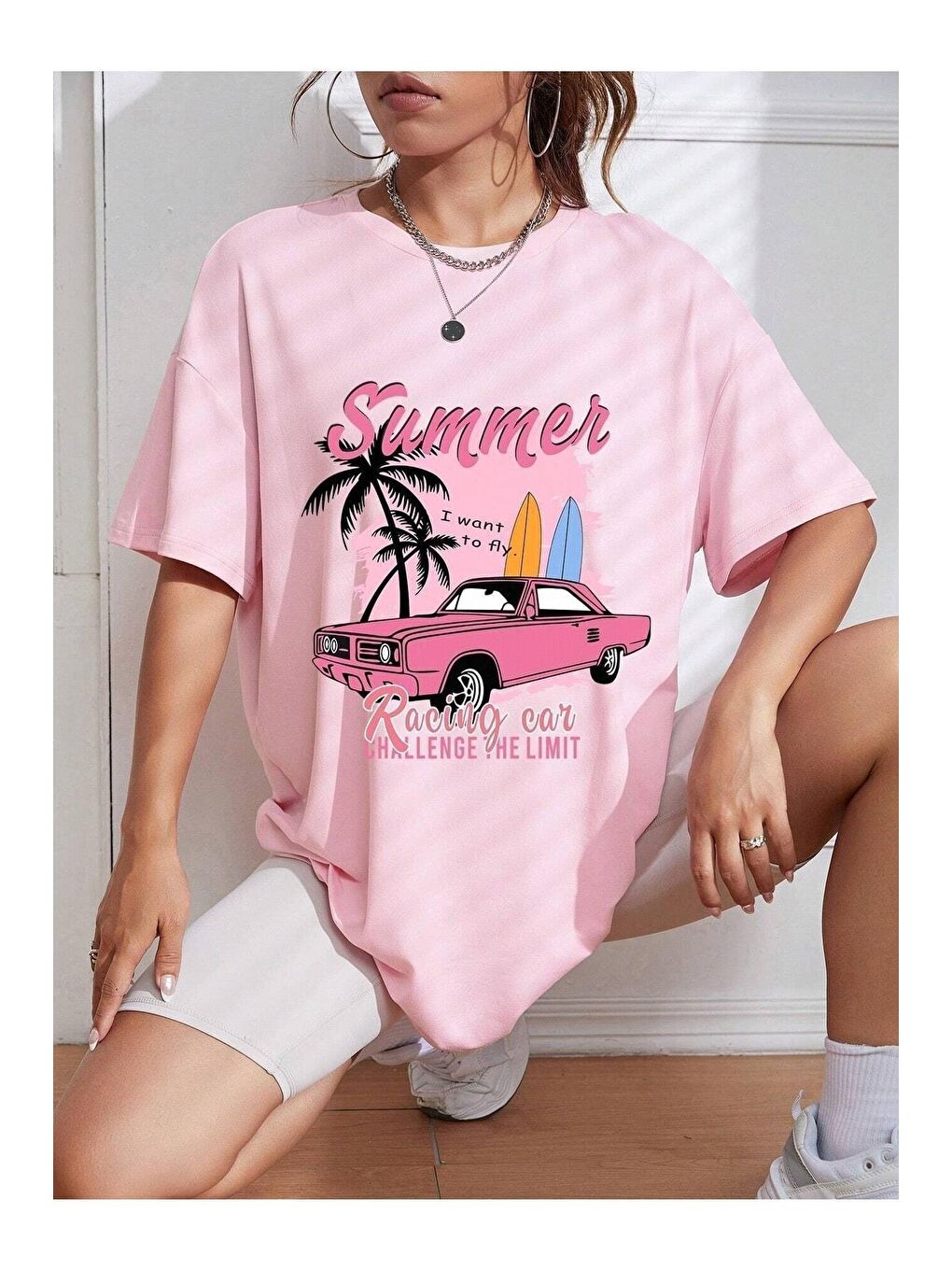 Trendseninle Açık Pembe Kadın Pembe Summer Racing Car Baskılı Oversize Tişört