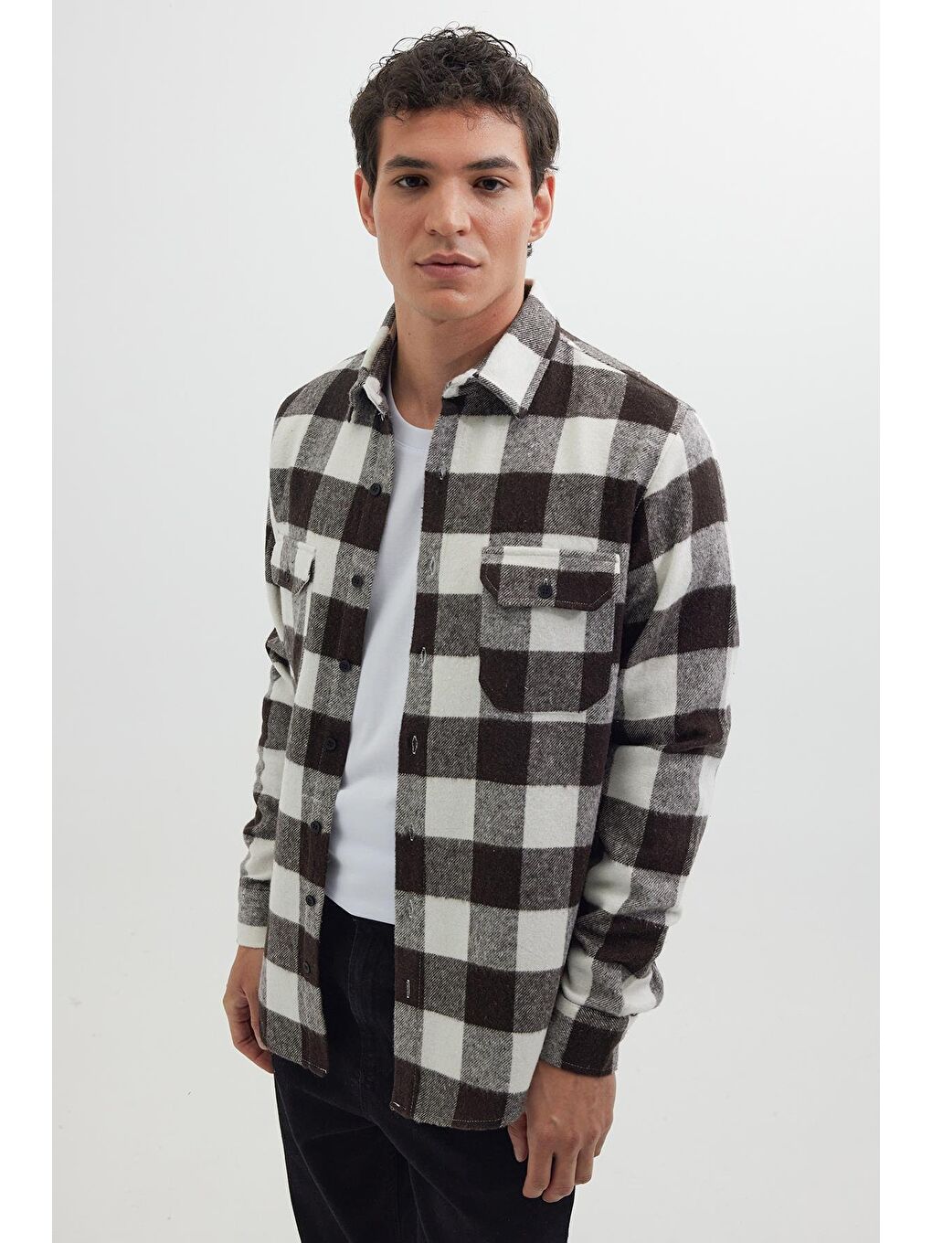 Karışık Erkek Slim Fit Dar Kesim Uzun Kollu Kapaklı Çift Cepli Kareli Kışlık Oduncu Gömlek