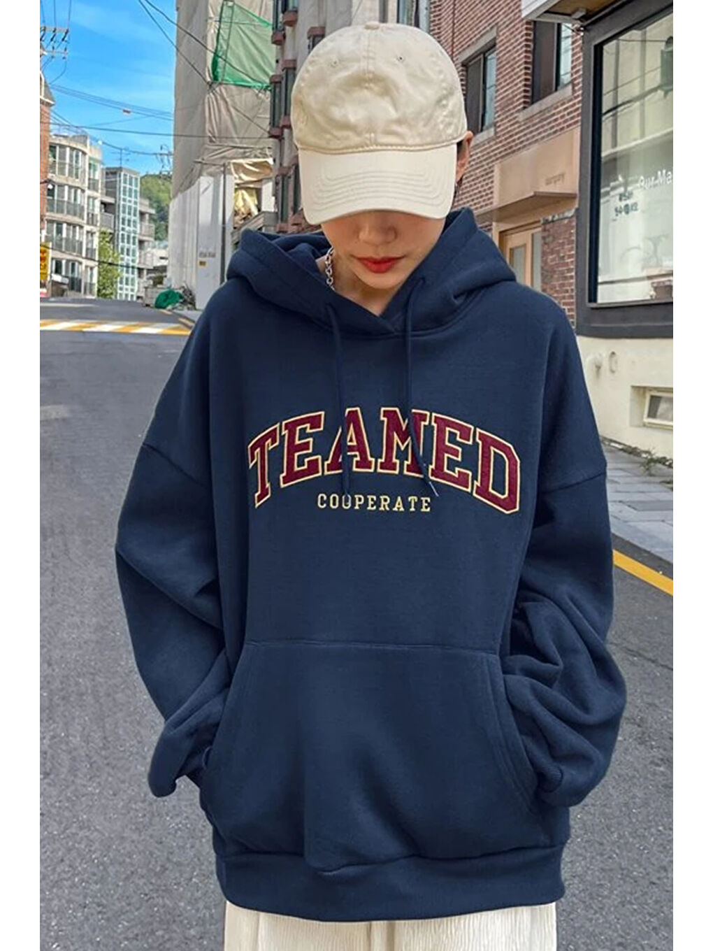 uyguntarz Lacivert Unisex Teamed Baskılı Oversize Sweatshirt