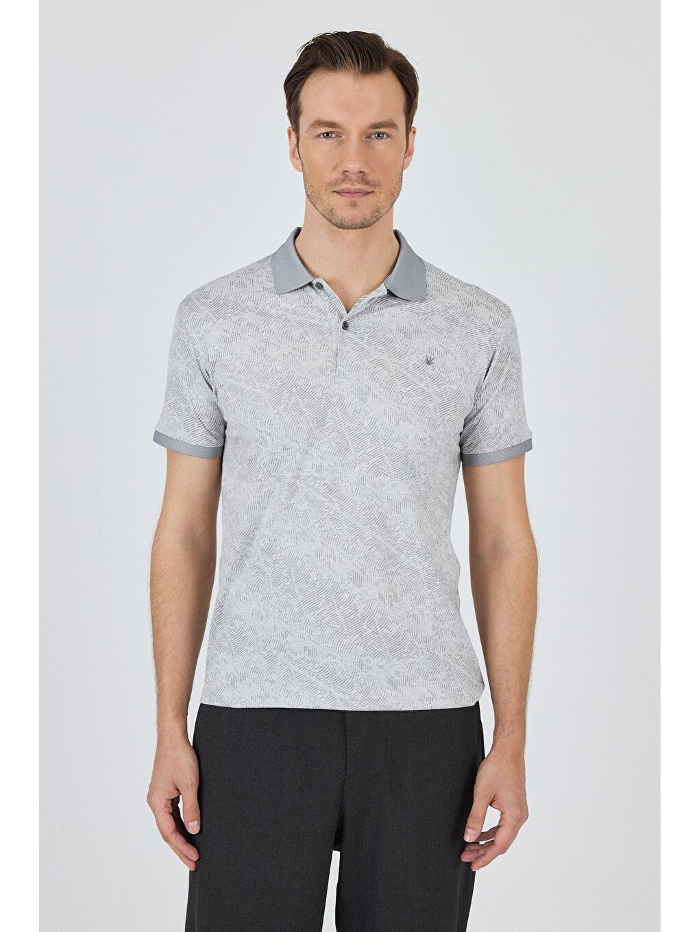 Gri Kısa Kol Baskılı Pike Polo Yaka Cepsiz Esnek Casual Slim Fit Tişört 1011250152