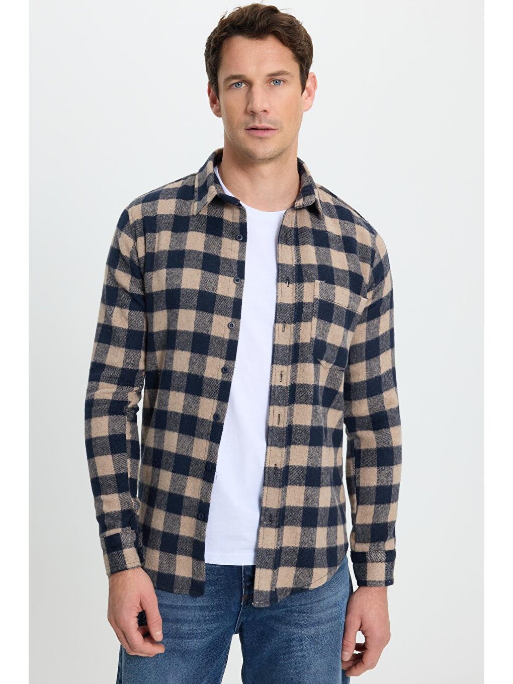 Karışık Erkek Slim Fit Dar Kesim Uzun Kollu Cepli Kareli Dama Desenli Kışlık Oduncu Gömlek-3