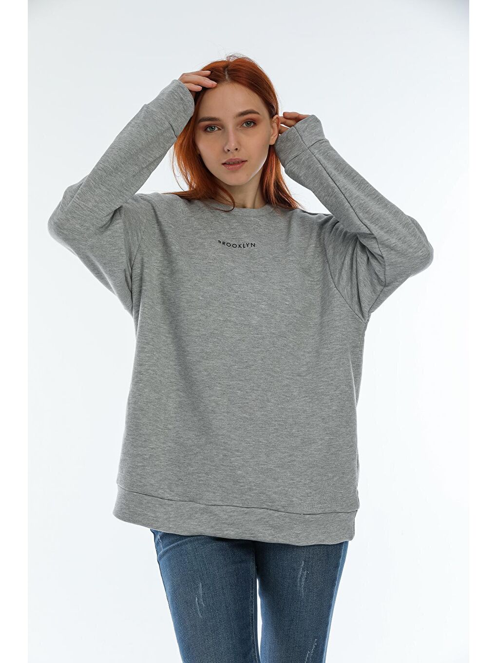 Süperlife Açık Gri Kadın Bisiklet Yaka Oversize Fit Brooklyn Baskılı Sweatshirt SPR22SWK030 - 3