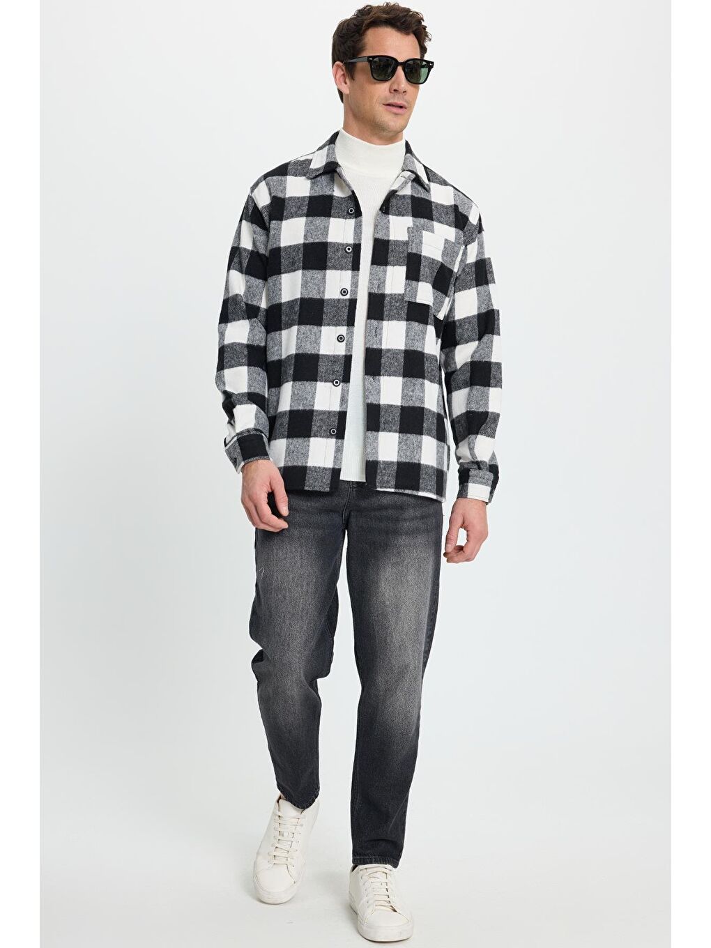 Karışık Erkek Relax Fit Rahat Kesim Uzun Kollu Cepli Dama Desen Kareli Apaş Yaka Kışlık Oduncu Gömlek-3