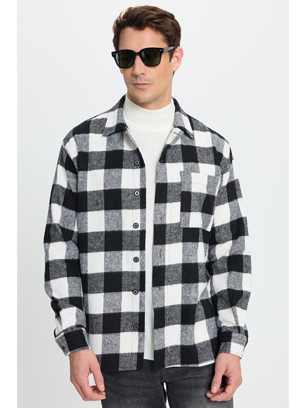 Karışık Erkek Relax Fit Rahat Kesim Uzun Kollu Cepli Dama Desen Kareli Apaş Yaka Kışlık Oduncu Gömlek-4