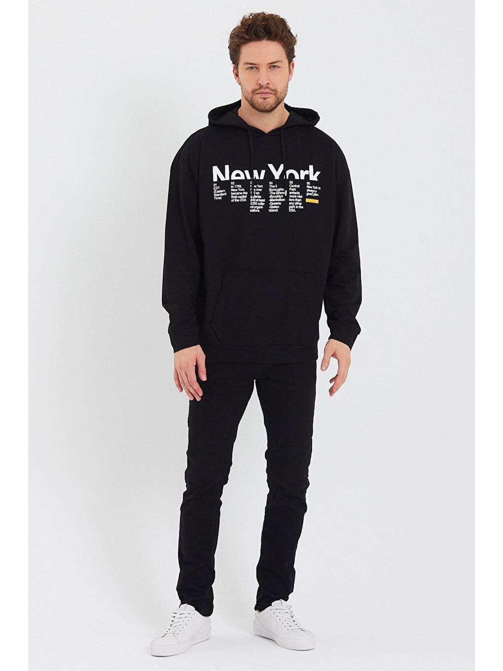 Siyah Erkek Kapüşonlu Oversize Fit Newyork Baskılı Hoodie SPR23SW362