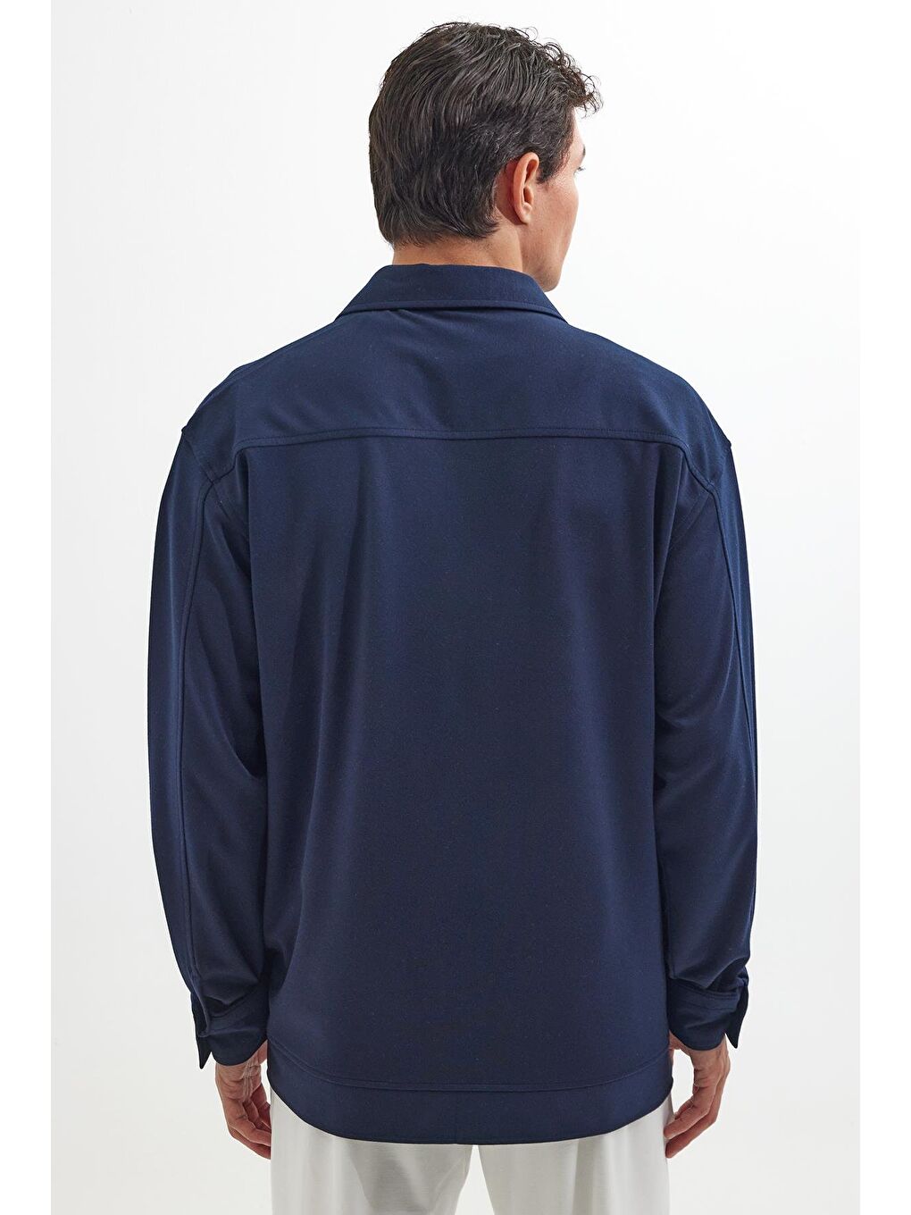 Erkek Relax Fit Rahat Kesim Düğmeli Yandan Cepli Örme Lacivert Ceket Gömlek-6